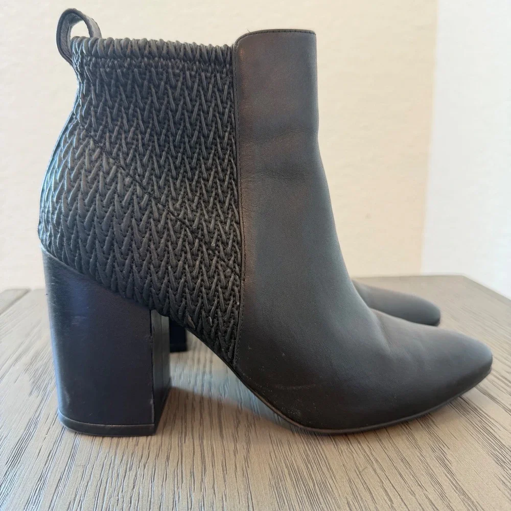 Cole Haan Grand.OS Black Leather Woven Mixed Media Block Heel Boots W08626‎ 6B